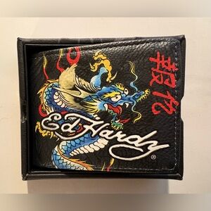 Ed Hardy Men’s Dragon Bifold Wallet Card Slots ID Window & Tiger Valet Tray New